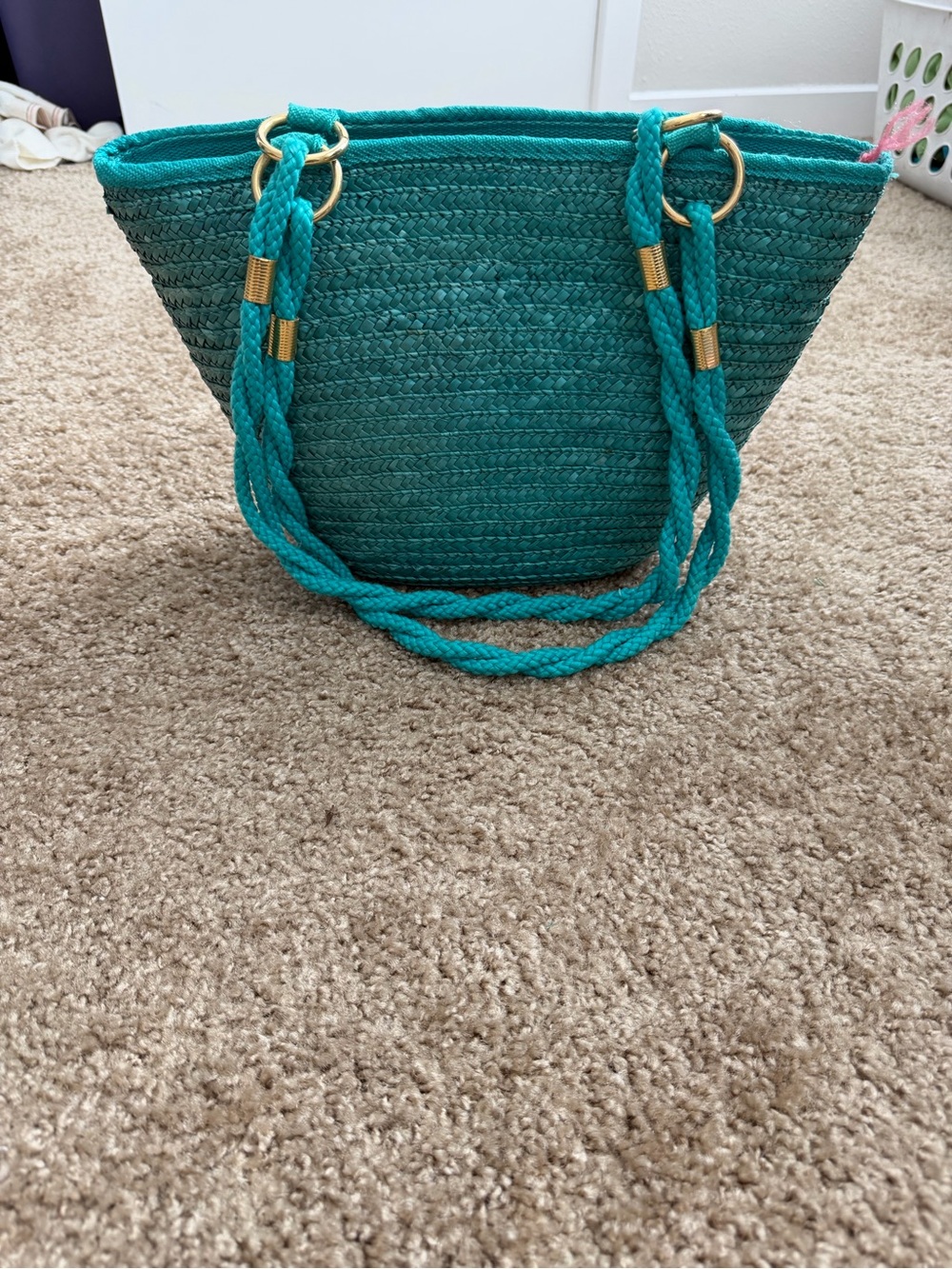Vintage wave Turquoise Braided Straw Tote with Rope Handles